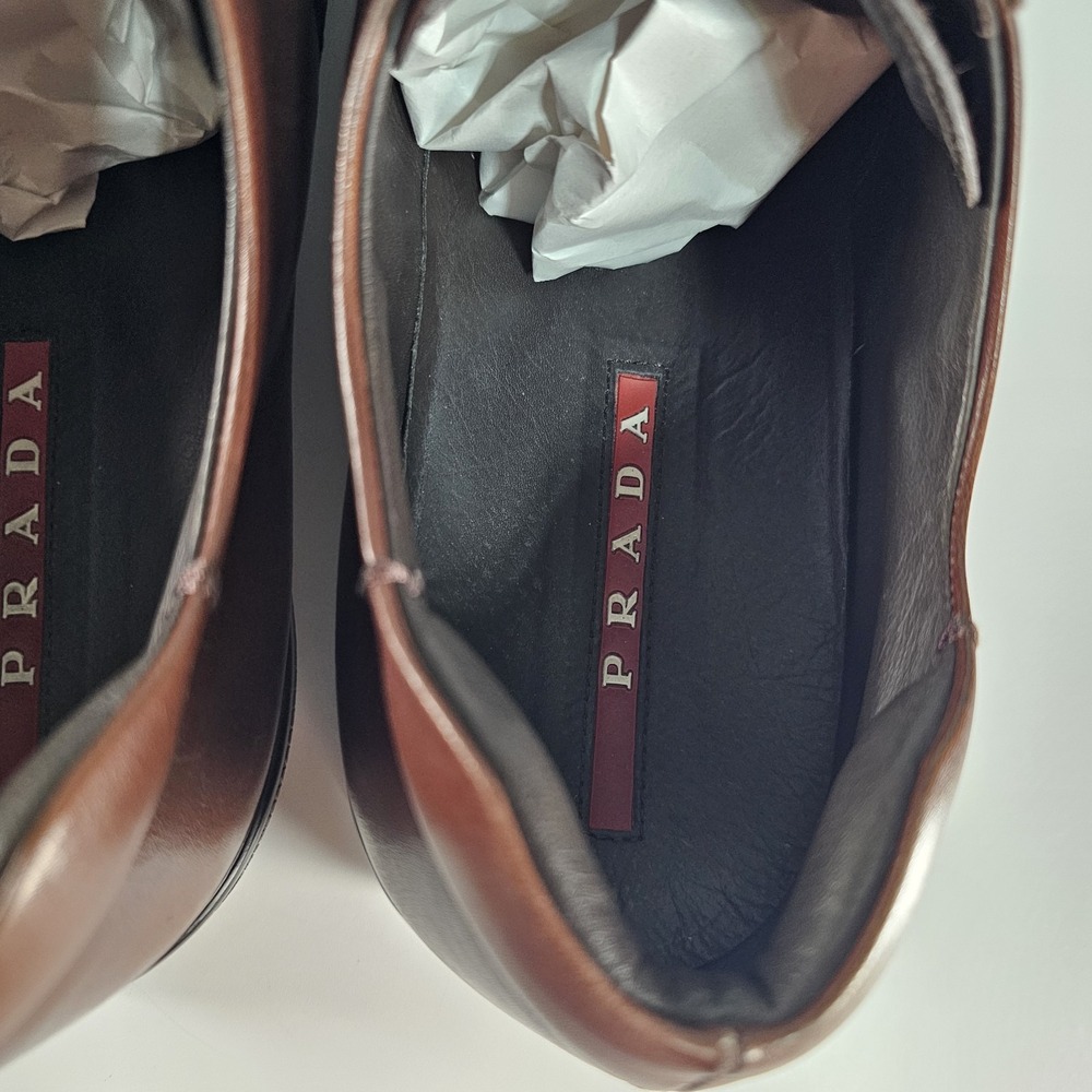 PRADA Sport Leather Low Sneakers Mens Size 11 Brown Solid Italy Shoes Luxury - Picture 11 of 16